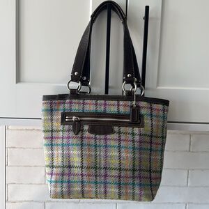 COACH Penelope Wool Tattersall Tweed Leather Trim Tote Shoulder Hand Bag Top Zip